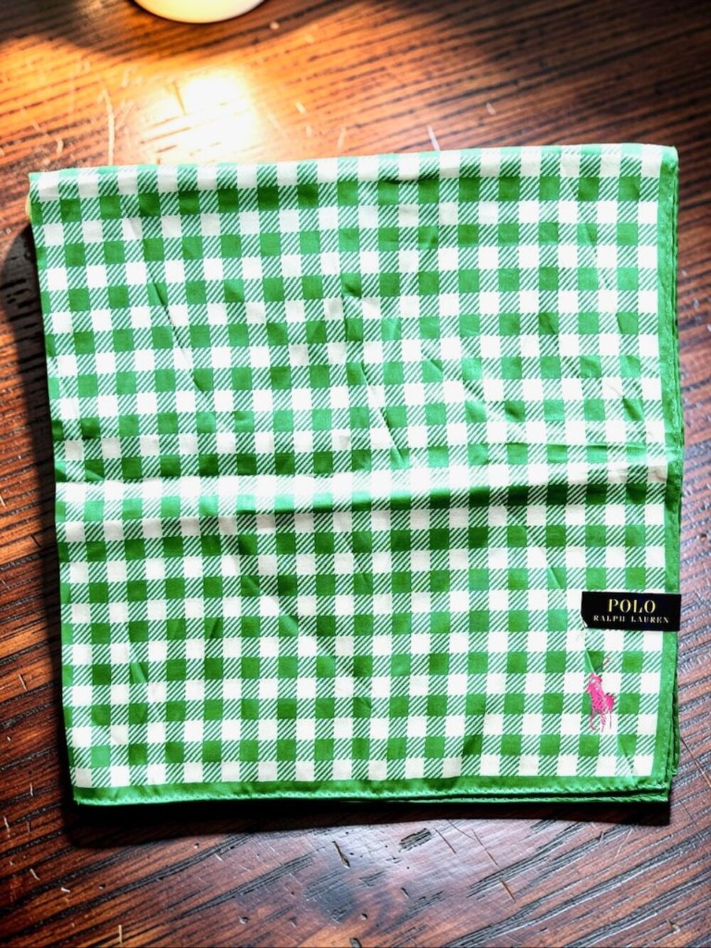 New Polo Ralp Raurent Mini Scarf/Handkerchief  cotton 20"  Green wihte check(89 - Picture 3 of 12